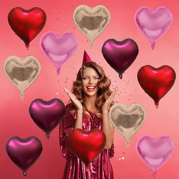 Wine Red Heart Balloons, 18 Inch 12 Pcs Burgundy Red and Pink Foil