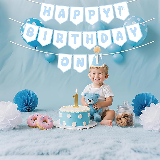 First Birthday Decorations for Boy Blue One Birthday Hat and Pre