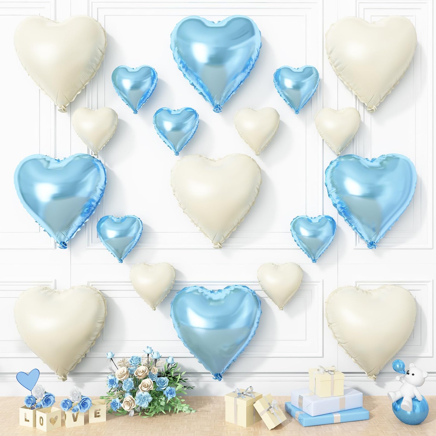 Blue White Heart Balloons, 19PCS Cream White and Blue Heart Shape