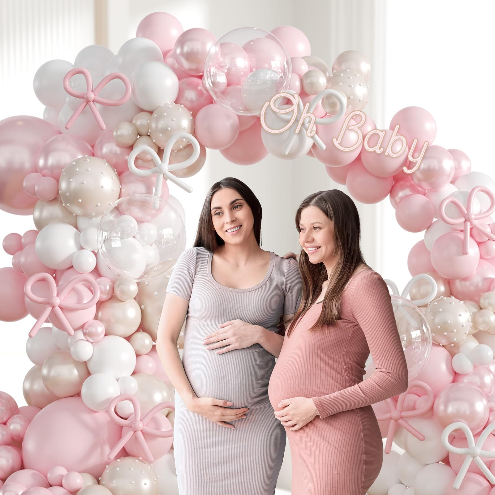 Pink Bow Balloon Arch Kit with Clear Light Pearl Pink and White