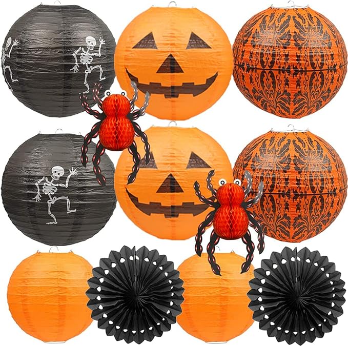 12Pcs Halloween Hanging Decorations Paper Lanterns Jack O' Lantern