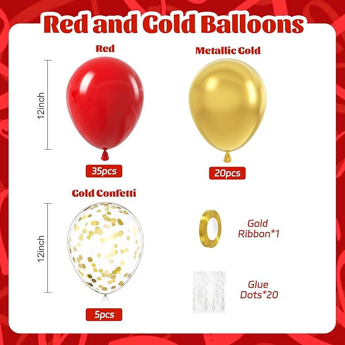 60pcs Red and Gold Balloons 12inch, Red and Gold Party Decorations