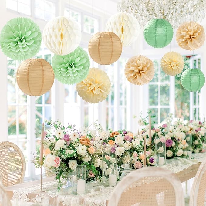 Sage Green Boho Party Decorations Paper Flowers Lanterns