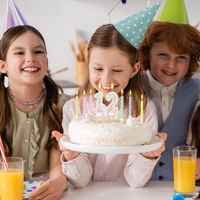MTLEE Number 12 Birthday Candle with 12 Pcs Spiral Candles for Girls