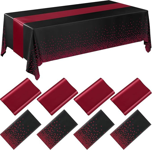 Breling 8 Pack Black and Maroon Disposable Plastic Tablecloths and