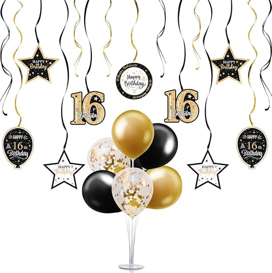 Happy 16th Birthday Black & Gold Balloon Set 16th Birthday Swirls
