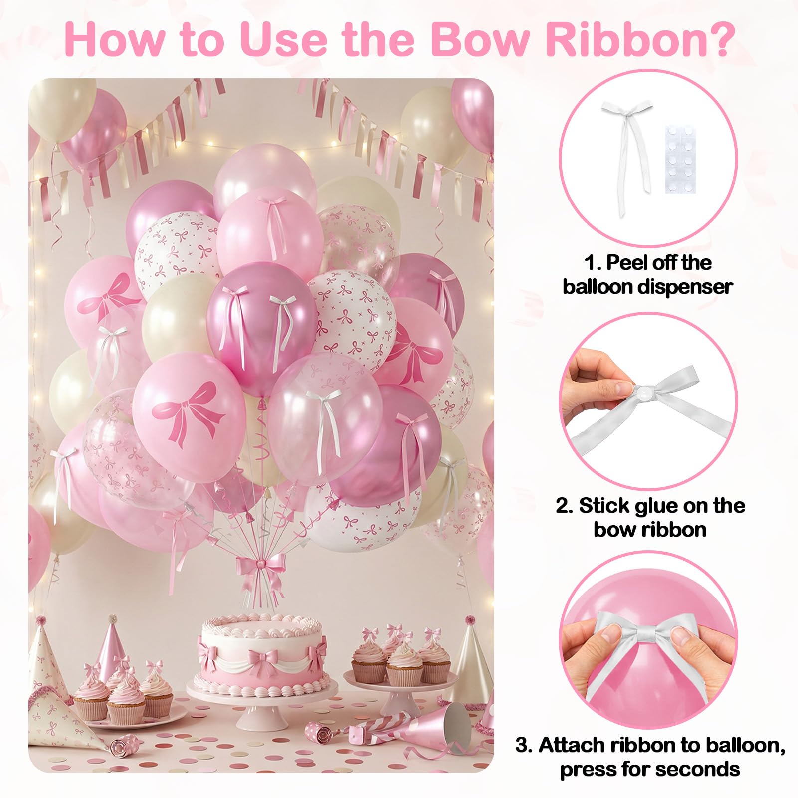 Pink Bow Balloons, 60PCS Double Stuffed Pearl White Light Pink