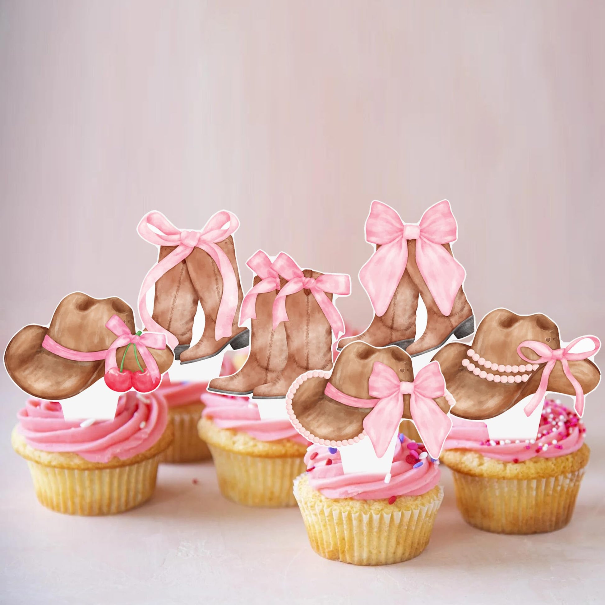 Cowgirl Boots and Hat Pink Bow Cupcake Toppers Coquette Cowgirl Cake