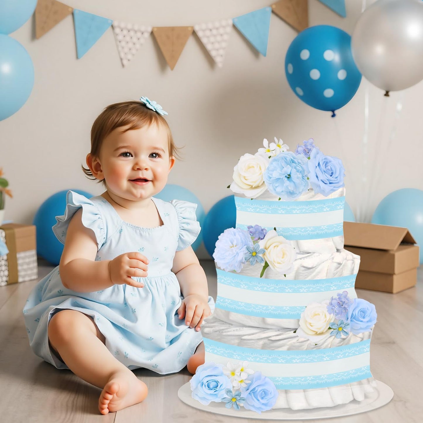 Cheerupp Blue Floral Theme Diaper Cake Decorations for Baby Shower