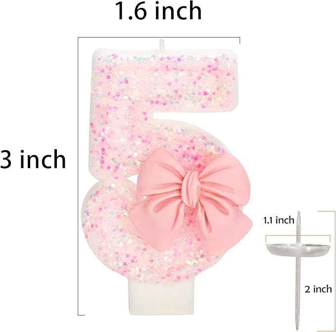 25th Birthday Number Cake Candles, Pink Bow, Modern Style, 3" Tall,