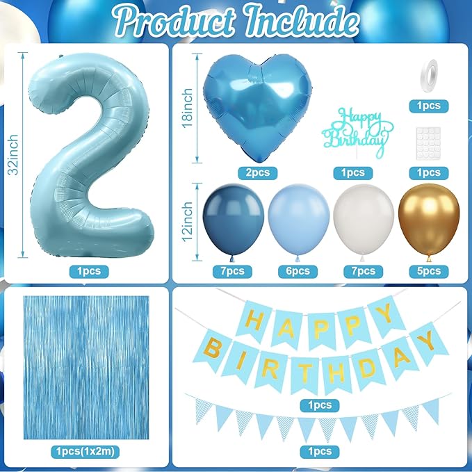2nd Birthday Decorations Blue White Gold 25pcs Balloons Banner