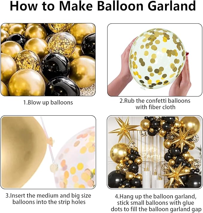 KARLURE Black and Gold Balloons Arch Kit with Black Gold Confetti