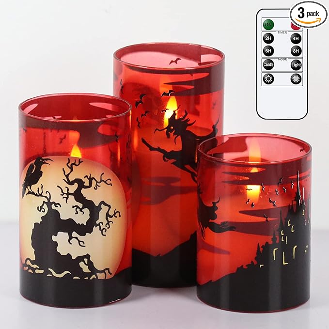 Halloween Flickering Candles with Witch Crow Raven Castle Decals Red