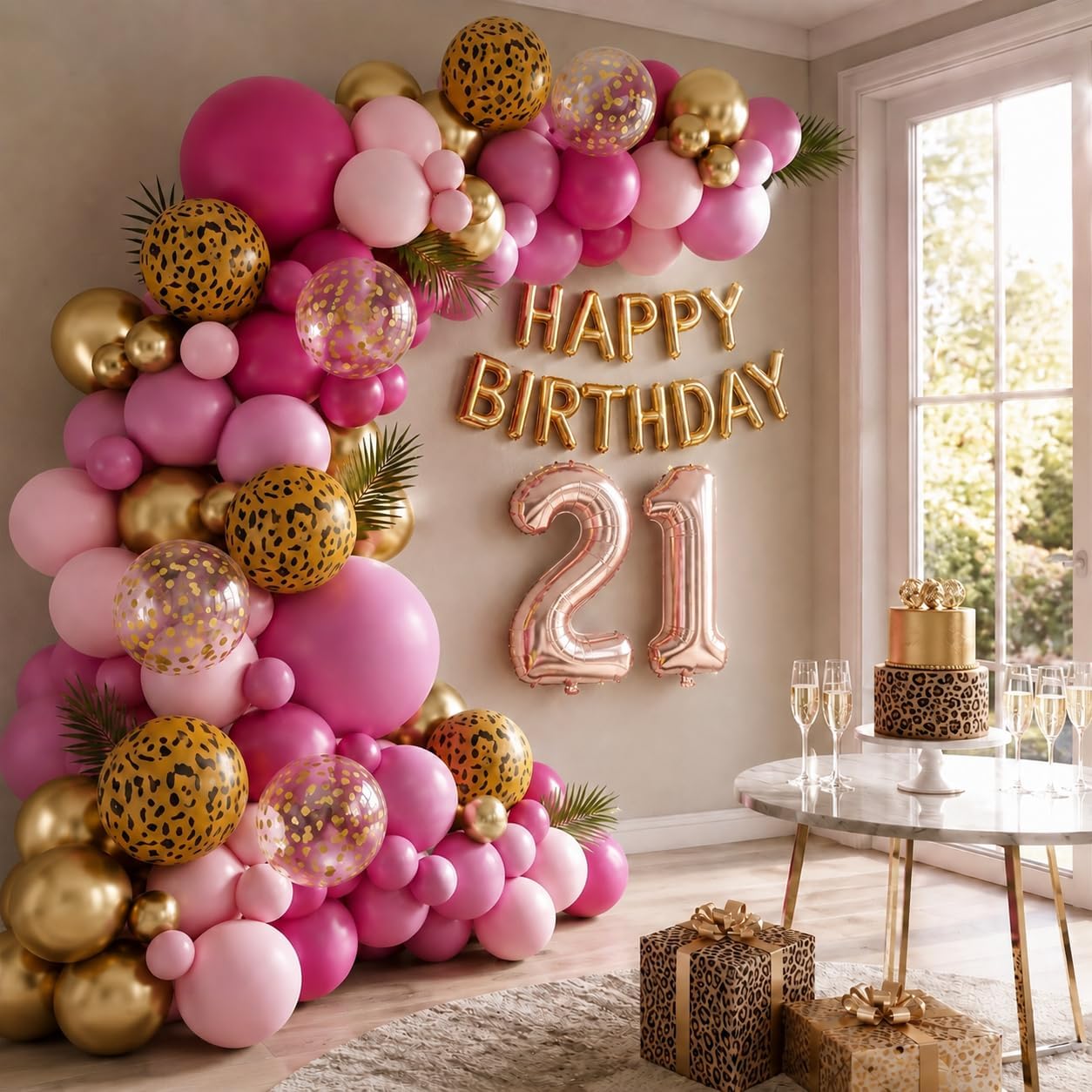 Hot Pink Cheetah Print Balloon Arch Kit, Pink Gold Balloons Garland