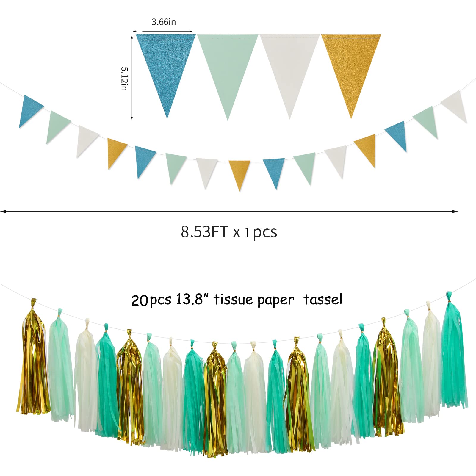 Teal-Blue Mint Beige-Gold Party Decorations - 30pcs Rustic Wedding
