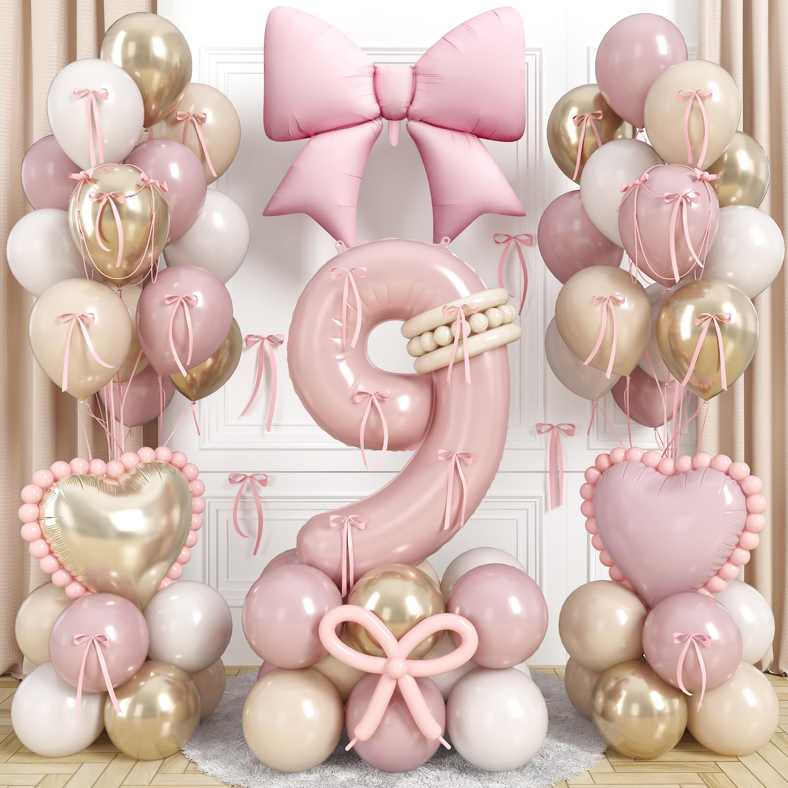 Light Pink 9 Balloon Number, Dusty Baby Pink Gold Sand White Latex