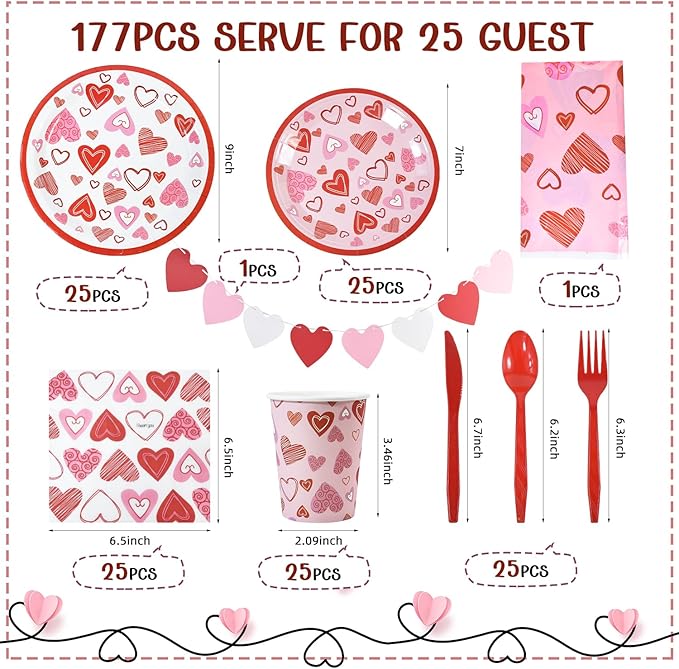 Valentine's Day Disposable Party Tableware 177pcs for 25 Guests