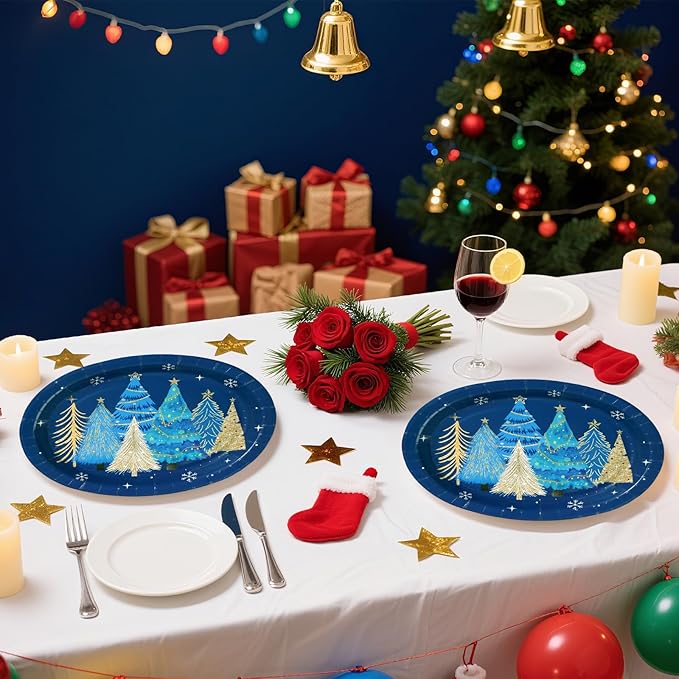 50Pcs Blue Christmas Tree Oval Plates 10” x 12” Christmas Tree Heavy