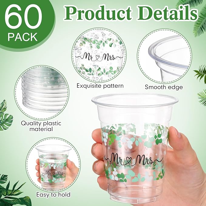 60 Pack Mr and Mrs Wedding Cups 12 oz Sage Green Eucalyptus