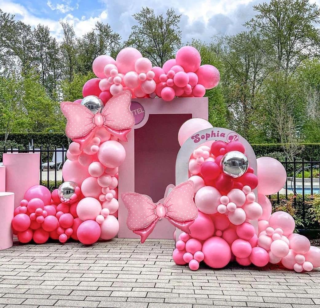 Pink Balloon Arch Kit Double Stuffed Peach Pink Bow Balloon Garland