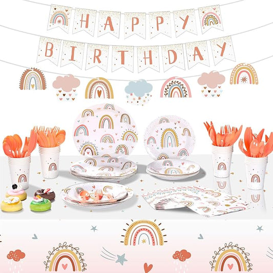 145 Pcs Boho Birthday Party Supplies Include Rainbow Plates