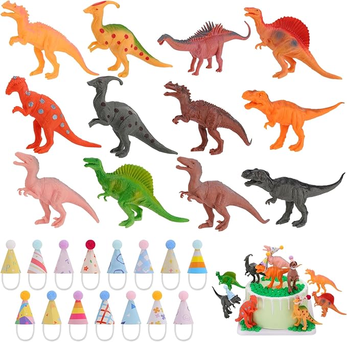 27 Pcs Dinosaur Birthday Cake Topper Mini Birthday Hat Animal Figure