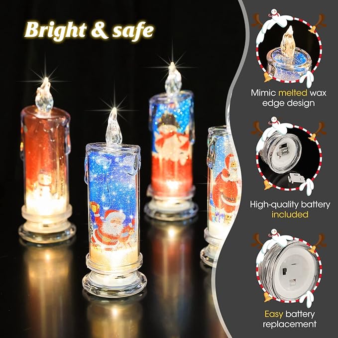 Flameless LED Candles Set of 4 with Santa Claus Snowman Decals