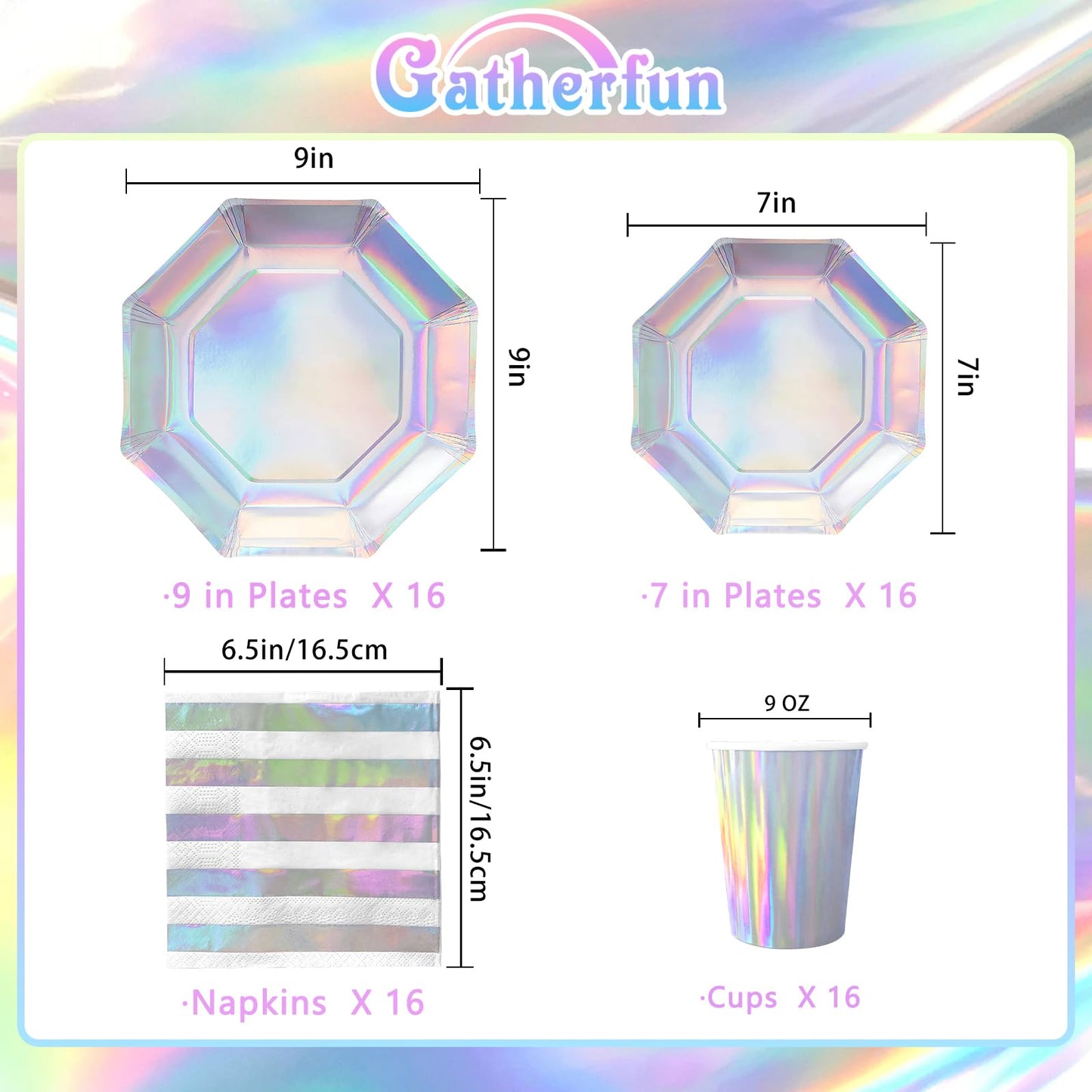 Iridescent Party Supplies - Disposable Paper Plates, Cups and Napkins