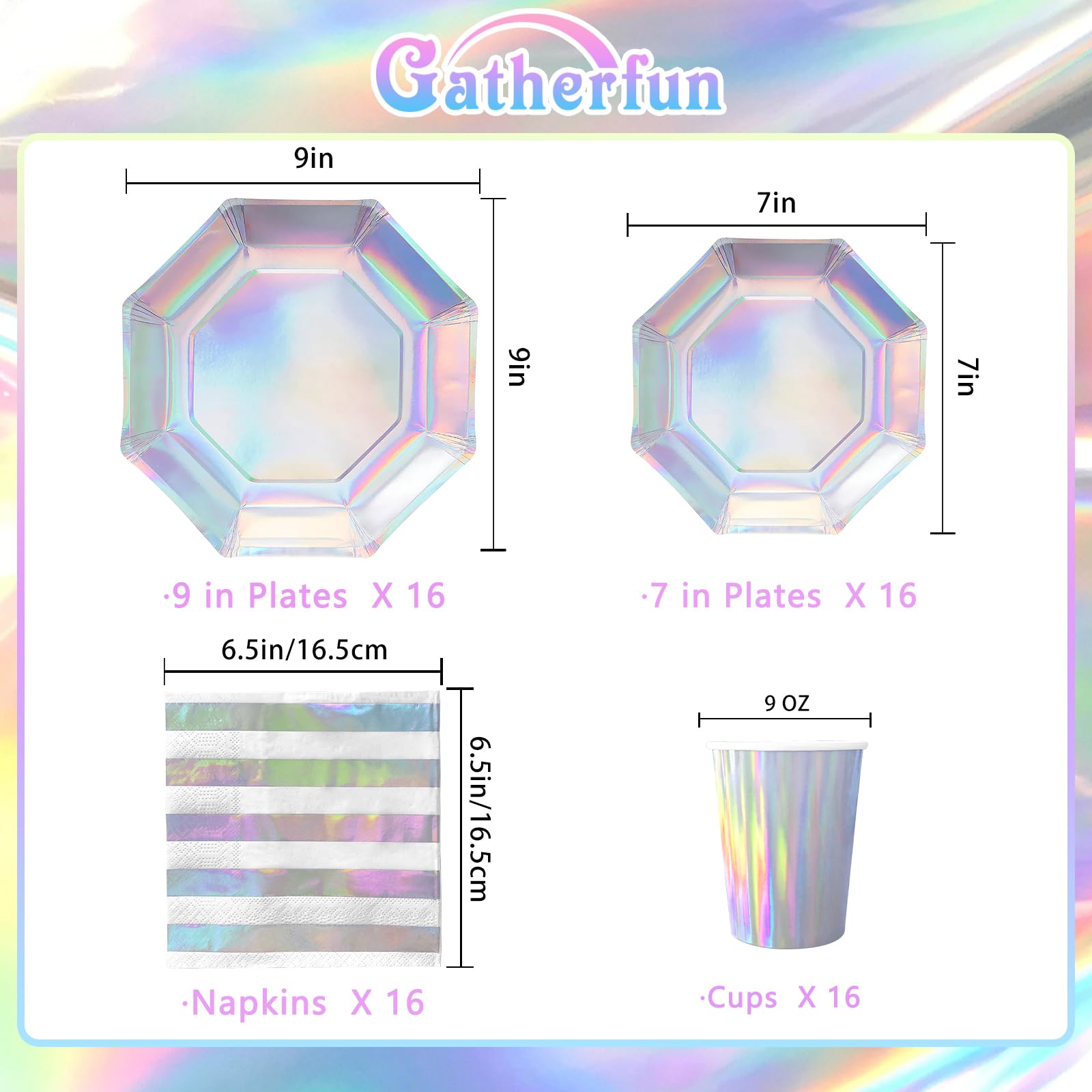 Iridescent Party Supplies - Disposable Paper Plates, Cups and Napkins