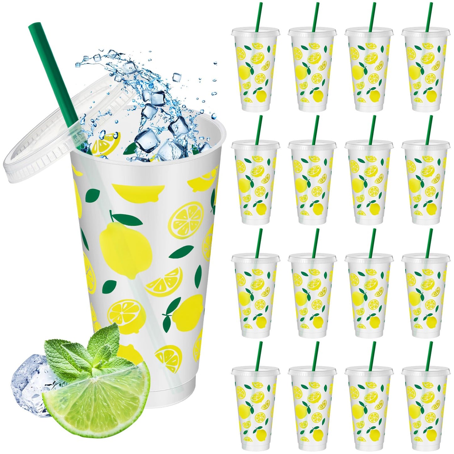 SiliFine 12 Pcs Plastic Lemon Cups, 24oz Reusable Tumbler with Lid and