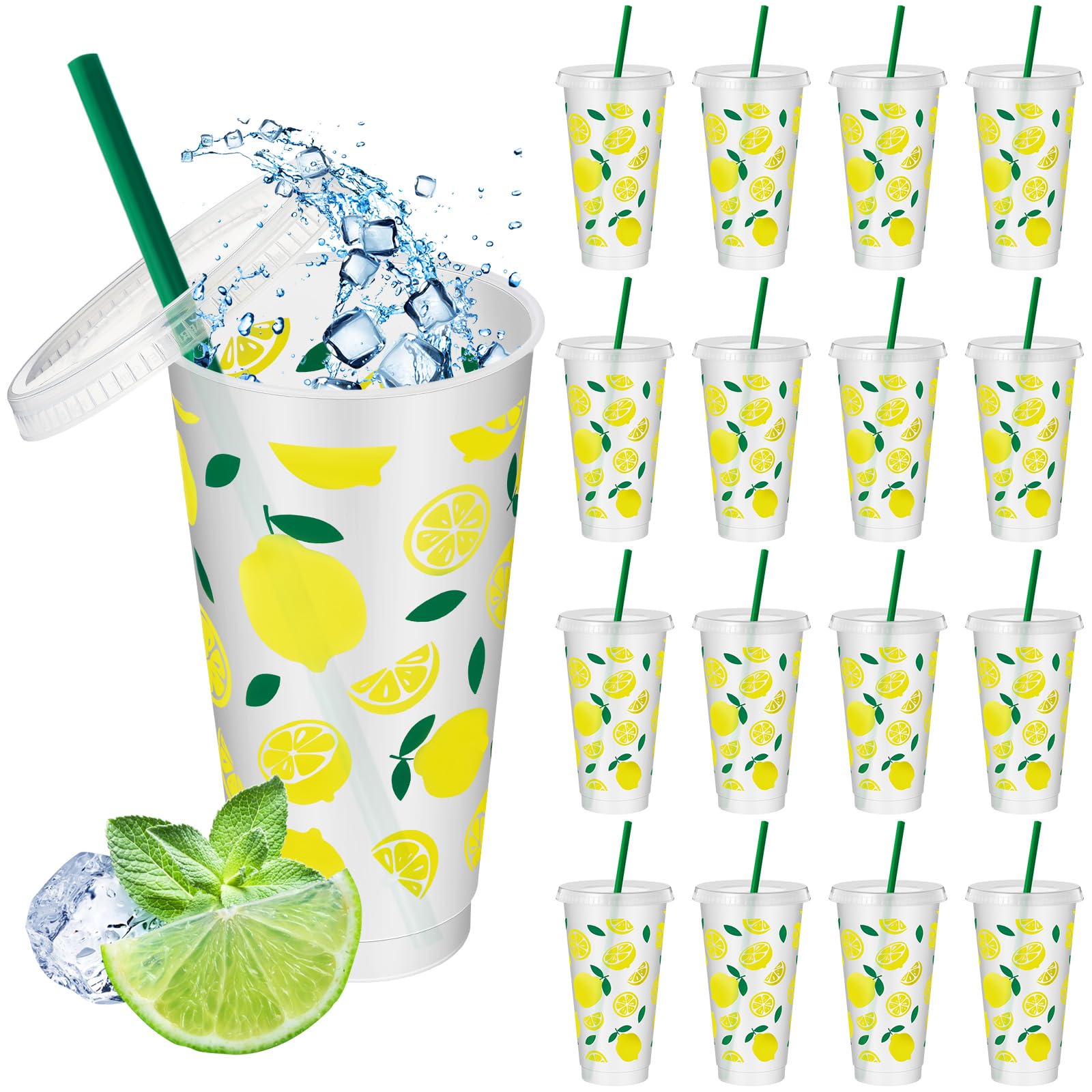 SiliFine 12 Pcs Plastic Lemon Cups, 24oz Reusable Tumbler with Lid and