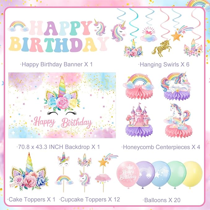 Unicorn Birthday Decorations Includes Banner Backdrop Balloons