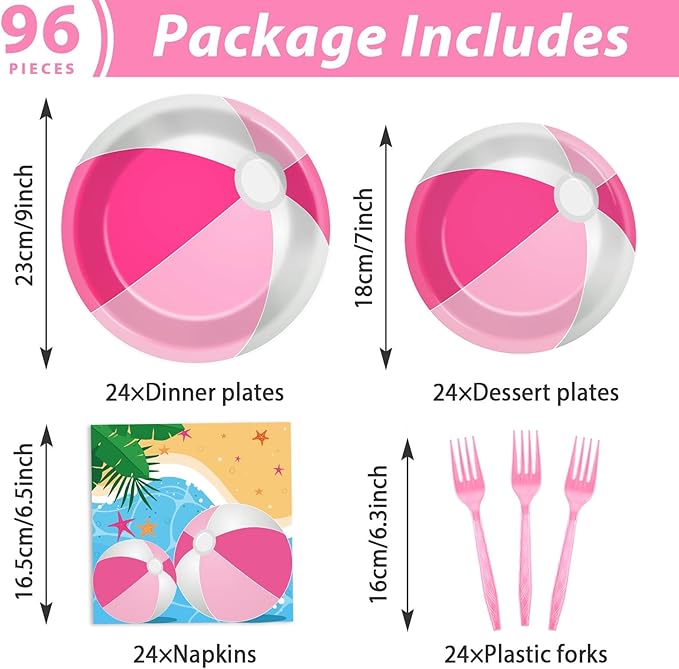 96 Pcs Pink Beach Ball Party Supplies Tableware Summer Pool Ball