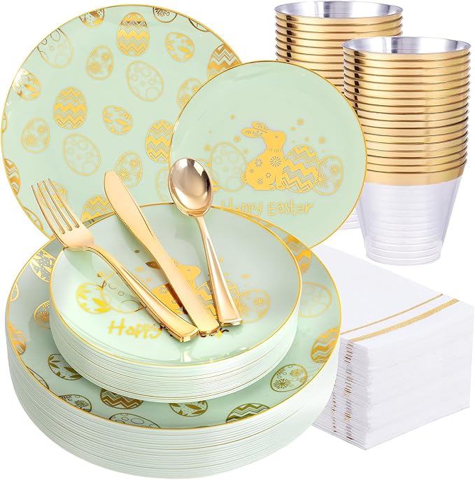 Festiva 175Pcs Easter Plates and Napkins Disposable - Green and Gold