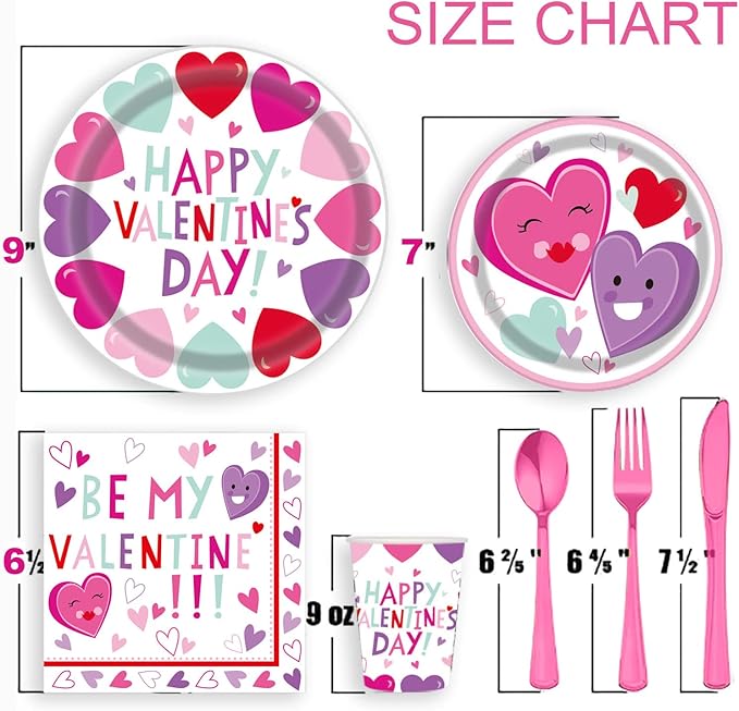 Valentines Day Heart Tableware for Kids 25 Set Disposable Dinnerware
