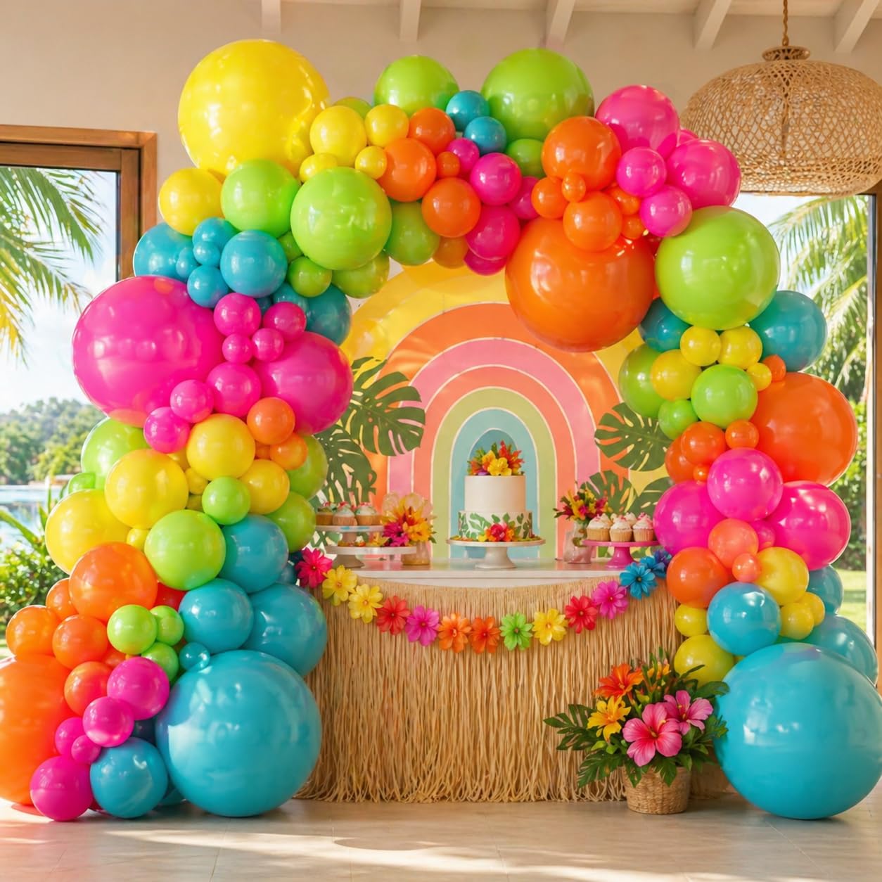 141 Pcs Rainbow Neon Balloon Arch Kit, Hot Pink Lime Green Orange