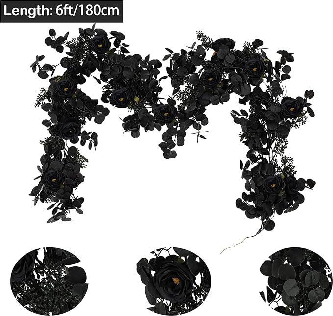 6FT Black Halloween Garland with 10 Black Rose and Berries