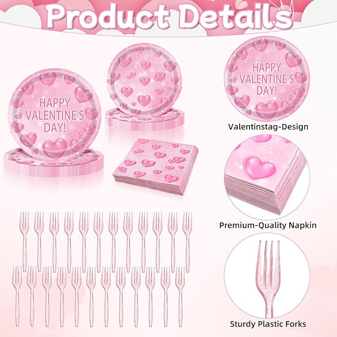 96 Pieces Valentine's Day Tableware Set Pink Heart Disposable Plates