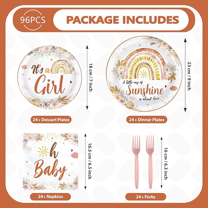 96 Pcs Boho Baby Shower Decorations for Girl Disposable A Little Ray