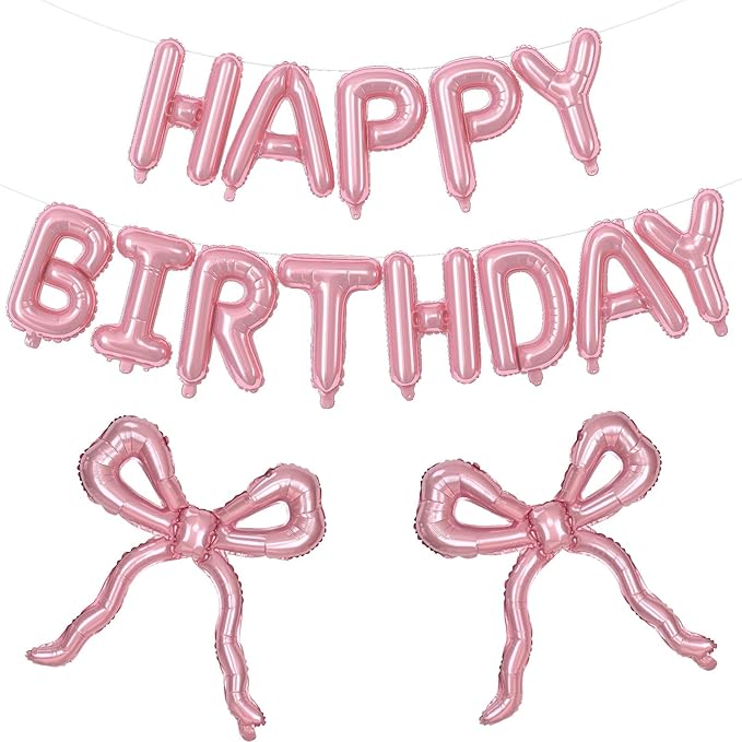 Pink Bow Happy Birthday Balloons Banner, 22 Inch Pearl Pink Bow Foil