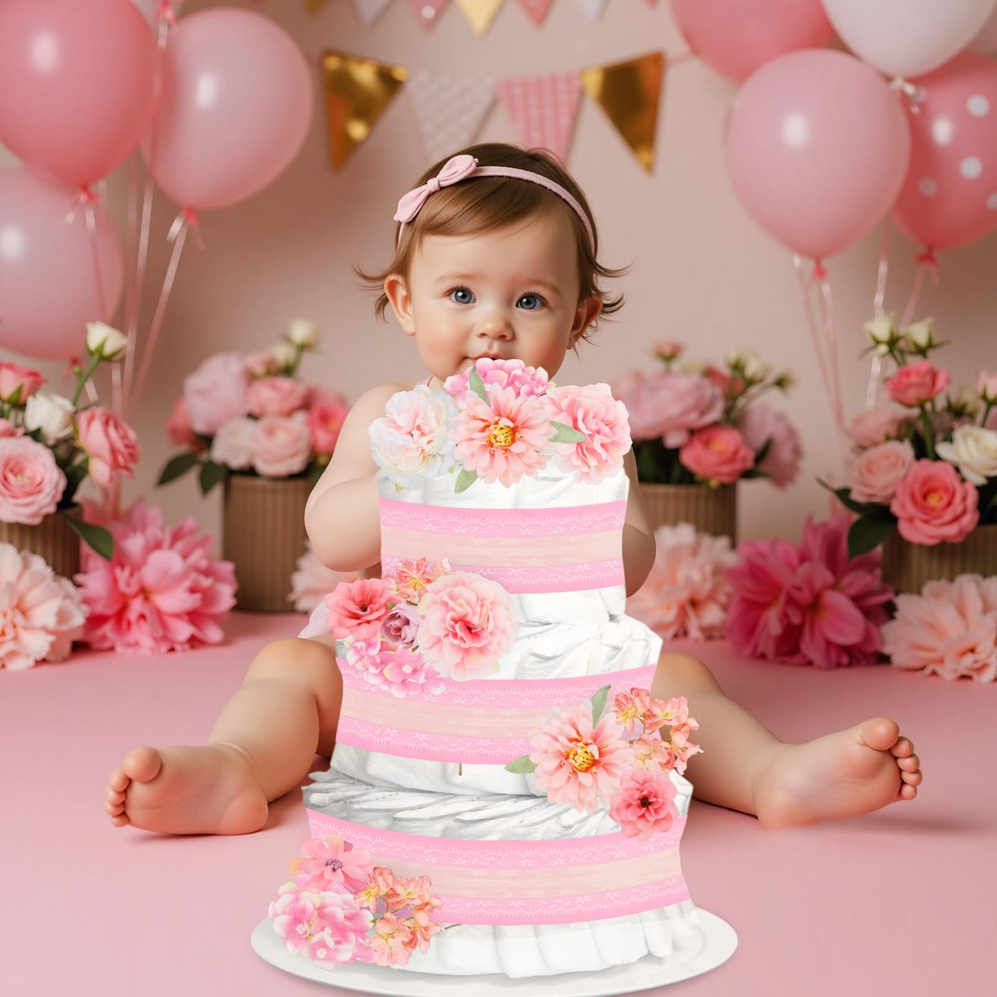 Cheerupp Pink Floral Theme Diaper Cake Decorations for Baby Shower