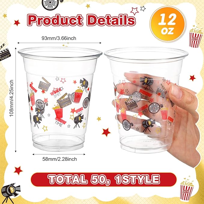 50 Pcs Movie Night Cups 12 oz Plastic Movie Theme Glasses Clear