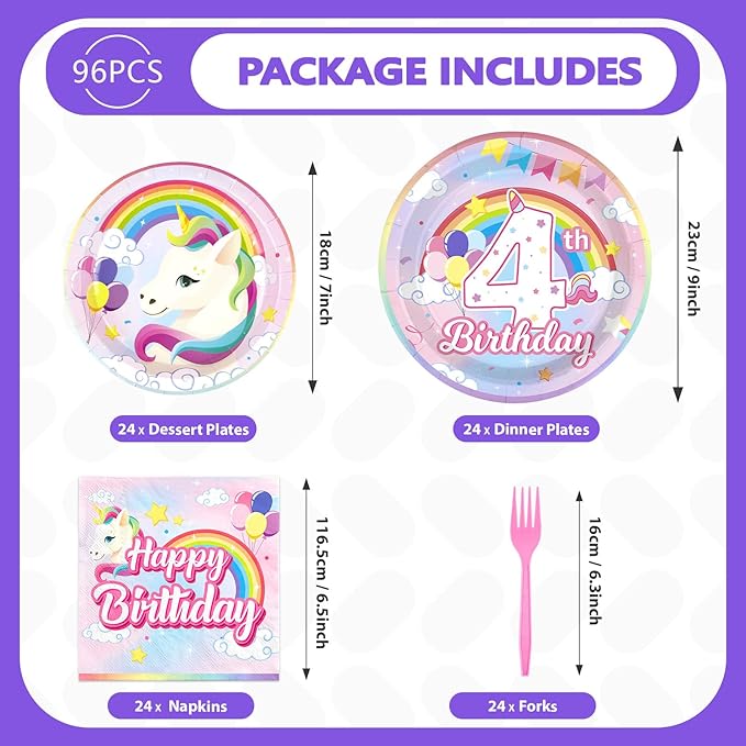 96 Pcs Unicorn 4th Birthday Party Decorations 350 GSM Disposable