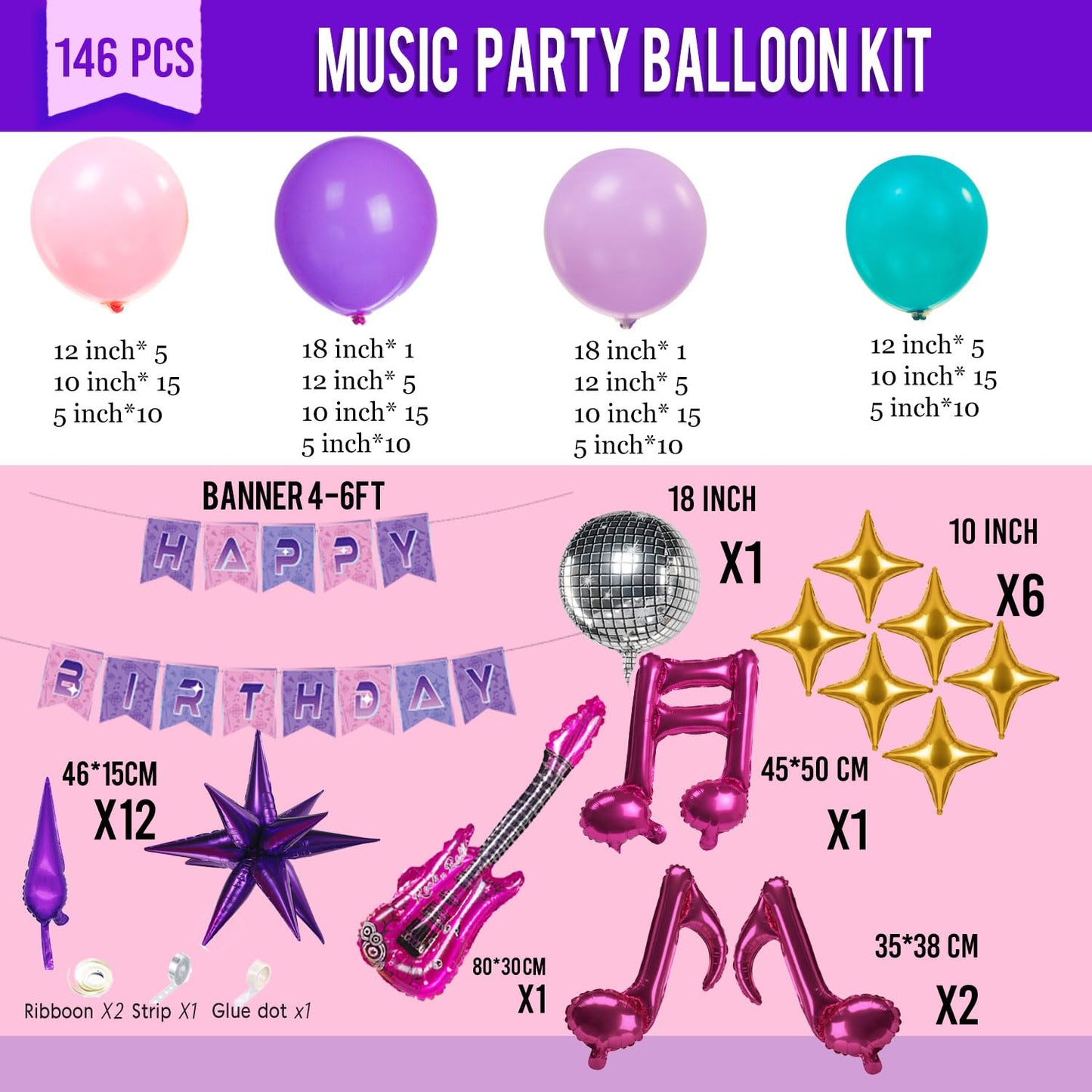 Purple pink Balloon Arch Garland Kit with Banner Musical symbols Disco