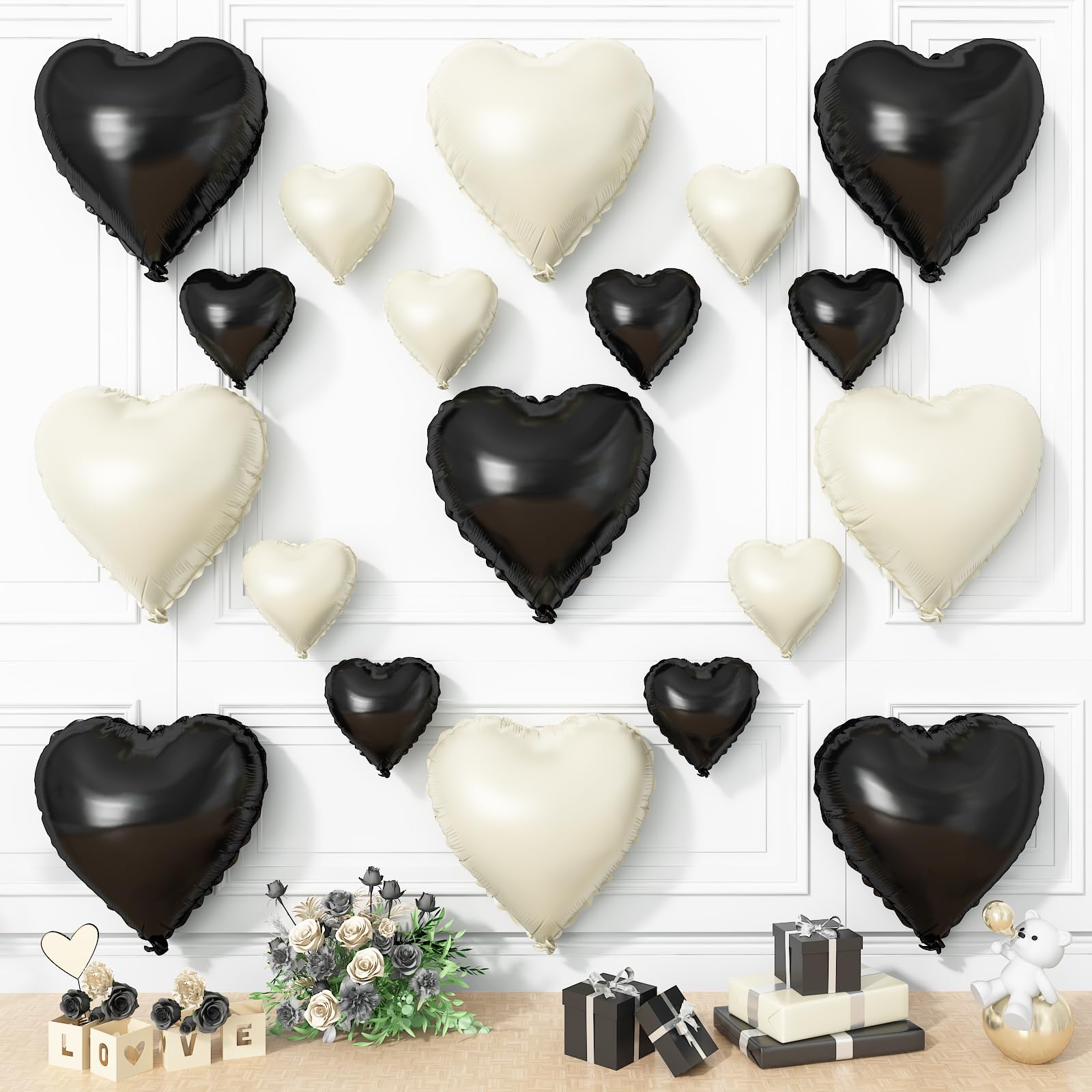 Black White Heart Balloons, 19PCS Black and Cream White Heart Shape