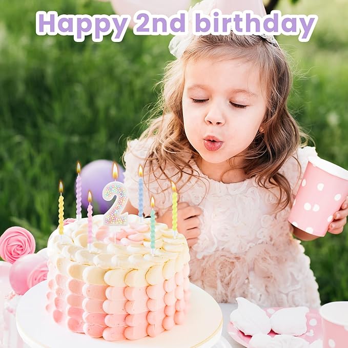 MTLEE Number 2 Birthday Candle with 12 Pcs Spiral Candles for Girls