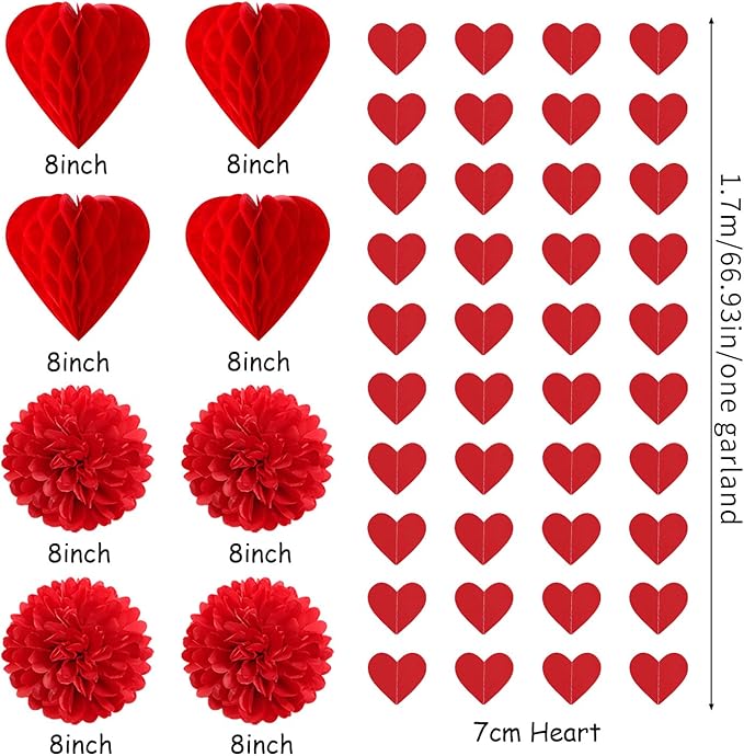 Valentines Day Decorations Red Heart Garland Galentines Decor 24pcs