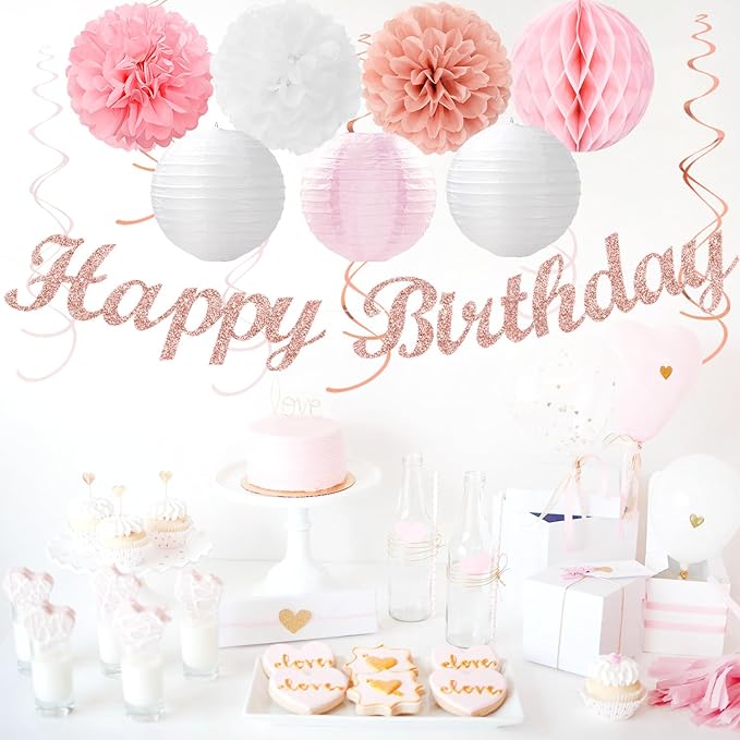 Pink White Rose Gold Birthday Party Decorations 21pcs Happy Banner