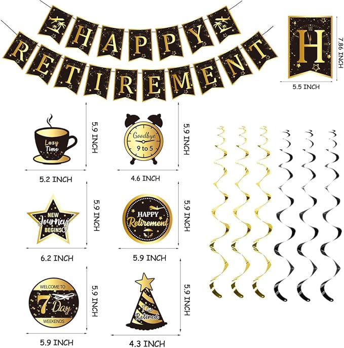 Happy Retirement Party Decorations Men Women, Black and Gold