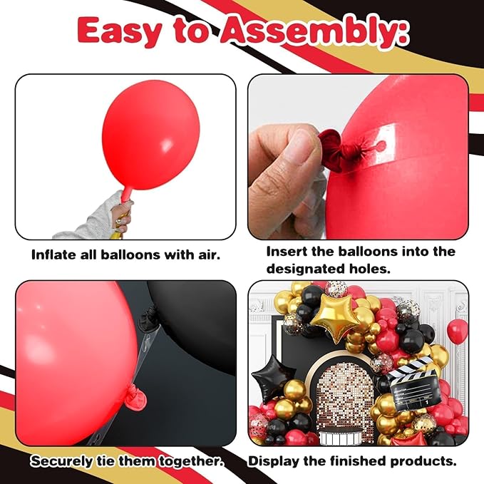 Movie Night Balloon Garland Arch Kit Red Black Gold Balloons with